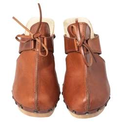 Pre Owned Dolce & Gabbana Tan Leather Bow Wooden Clogs Size 39