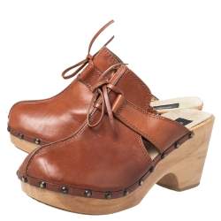 Pre Owned Dolce & Gabbana Tan Leather Bow Wooden Clogs Size 39