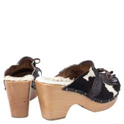 Dolce & Gabbana Brown Calf Hair And Leather Bow Fringe Detail Wooden Clogs Size 39  