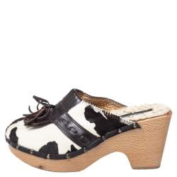 Dolce & Gabbana Brown Calf Hair And Leather Bow Fringe Detail Wooden Clogs Size 39  