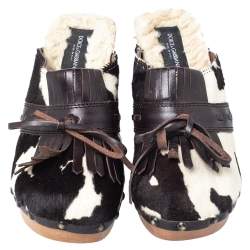 Dolce & Gabbana Brown Calf Hair And Leather Bow Fringe Detail Wooden Clogs Size 39  