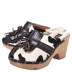 Dolce & Gabbana Brown Calf Hair And Leather Bow Fringe Detail Wooden Clogs Size 39  