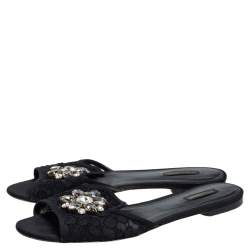 Pre Owned Dolce & Gabbana Black Lace Sofia Crystal Embellished Flats Size 41