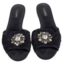 Pre Owned Dolce & Gabbana Black Lace Sofia Crystal Embellished Flats Size 41