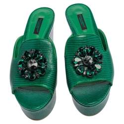 Pre Owned Dolce & Gabbana Green Lizard Embossed Leather Wedge Sandals Size 38