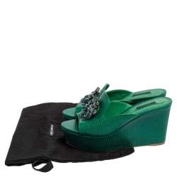 Pre Owned Dolce & Gabbana Green Lizard Embossed Leather Wedge Sandals Size 38