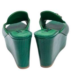 Pre Owned Dolce & Gabbana Green Lizard Embossed Leather Wedge Sandals Size 38