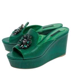 Pre Owned Dolce & Gabbana Green Lizard Embossed Leather Wedge Sandals Size 38