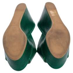 Pre Owned Dolce & Gabbana Green Lizard Embossed Leather Wedge Sandals Size 38