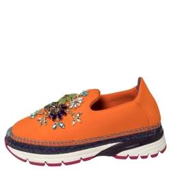 Pre Owned Dolce & Gabbana Orange Neoprene Barcelona Embellished Slip On Sneakers Size 38