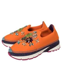 Pre Owned Dolce & Gabbana Orange Neoprene Barcelona Embellished Slip On Sneakers Size 38