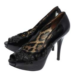 Pre Owned Dolce & Gabbana Black Patent Leather Floral Cut Peep Toe Platform Pumps Size 37