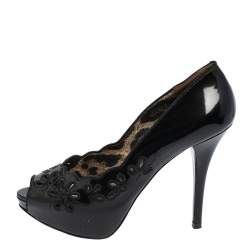 Pre Owned Dolce & Gabbana Black Patent Leather Floral Cut Peep Toe Platform Pumps Size 37