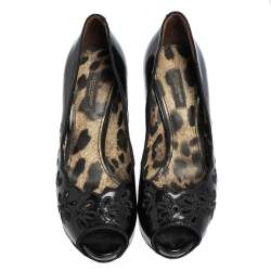 Pre Owned Dolce & Gabbana Black Patent Leather Floral Cut Peep Toe Platform Pumps Size 37