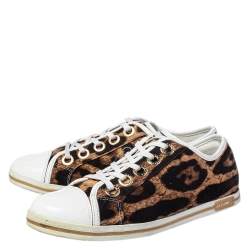 Pre Owned Dolce & Gabbana Brown/White Leopard Print Canvas and Leather Lace Low Top Sneakers Size 38