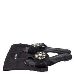 Pre Owned Dolce & Gabbana Black Lace Bianca Crystal Embellished Slide Flats Size 37