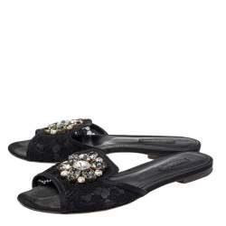 Pre Owned Dolce & Gabbana Black Lace Bianca Crystal Embellished Slide Flats Size 37