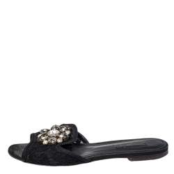 Pre Owned Dolce & Gabbana Black Lace Bianca Crystal Embellished Slide Flats Size 37