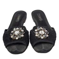 Pre Owned Dolce & Gabbana Black Lace Bianca Crystal Embellished Slide Flats Size 37
