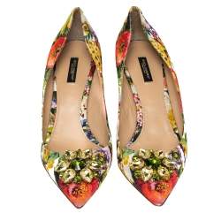Pre Owned Dolce & Gabbana Multicolor Floral Print Brocade Fabric Crystal Embellished Pumps Size 41