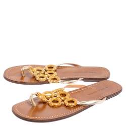 Pre Owned  Dolce & Gabbana Gold Leather Crystal Embellished Thong Sandals Size 36.5