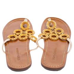 Pre Owned  Dolce & Gabbana Gold Leather Crystal Embellished Thong Sandals Size 36.5