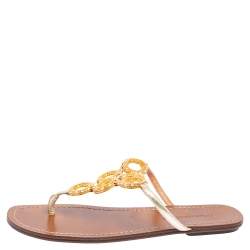 Pre Owned  Dolce & Gabbana Gold Leather Crystal Embellished Thong Sandals Size 36.5
