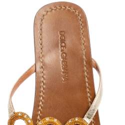 Pre Owned  Dolce & Gabbana Gold Leather Crystal Embellished Thong Sandals Size 36.5
