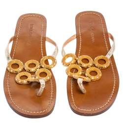 Pre Owned  Dolce & Gabbana Gold Leather Crystal Embellished Thong Sandals Size 36.5