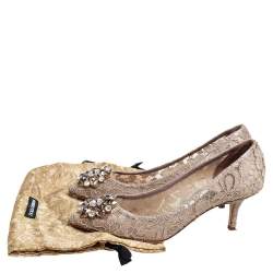 Pre Owned Dolce & Gabbana Beige Lace Bellucci Crystal Embellished Pumps Size 37.5