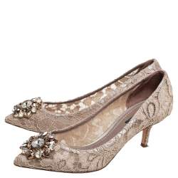 Pre Owned Dolce & Gabbana Beige Lace Bellucci Crystal Embellished Pumps Size 37.5
