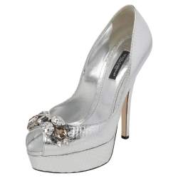 Pre Owned Dolce & Gabbana Metallic Silver Python Embossed Leather Bette Crystal Embellished Platform Pumps Size 37