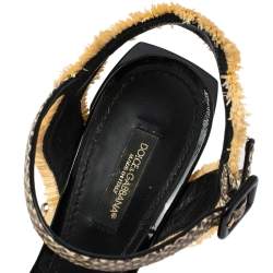 Pre Owned Dolce & Gabbana Black/Cream Raffia, Patent Leather and Snakeskin Studded Ankle Strap Sandals Size 37