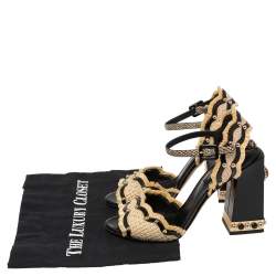 Pre Owned Dolce & Gabbana Black/Cream Raffia, Patent Leather and Snakeskin Studded Ankle Strap Sandals Size 37