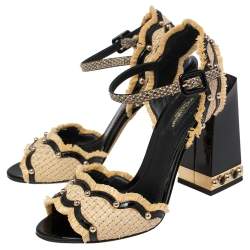 Pre Owned Dolce & Gabbana Black/Cream Raffia, Patent Leather and Snakeskin Studded Ankle Strap Sandals Size 37