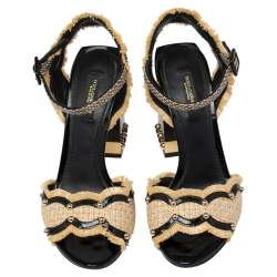 Pre Owned Dolce & Gabbana Black/Cream Raffia, Patent Leather and Snakeskin Studded Ankle Strap Sandals Size 37