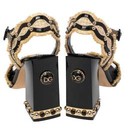 Pre Owned Dolce & Gabbana Black/Cream Raffia, Patent Leather and Snakeskin Studded Ankle Strap Sandals Size 37