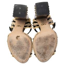 Pre Owned Dolce & Gabbana Black/Cream Raffia, Patent Leather and Snakeskin Studded Ankle Strap Sandals Size 37