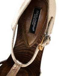 Pre Owned Dolce & Gabbana Metallic Gold/Silver Python T Strap Block Heel Pumps Size 38