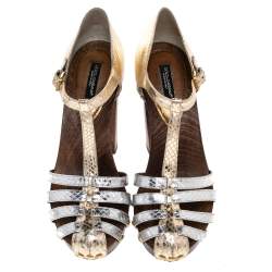 Pre Owned Dolce & Gabbana Metallic Gold/Silver Python T Strap Block Heel Pumps Size 38