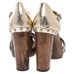 Pre Owned Dolce & Gabbana Metallic Gold/Silver Python T Strap Block Heel Pumps Size 38
