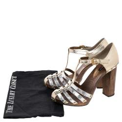Pre Owned Dolce & Gabbana Metallic Gold/Silver Python T Strap Block Heel Pumps Size 38