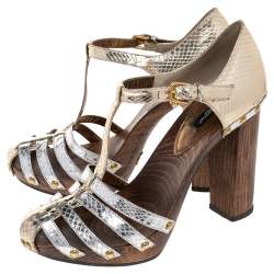 Pre Owned Dolce & Gabbana Metallic Gold/Silver Python T Strap Block Heel Pumps Size 38