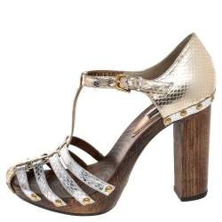 Pre Owned Dolce & Gabbana Metallic Gold/Silver Python T Strap Block Heel Pumps Size 38