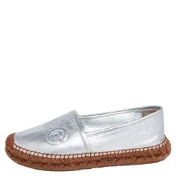 Pre Owned Dolce & Gabbana Silver Leather Logo Embossed Espadrille Flats Size 38