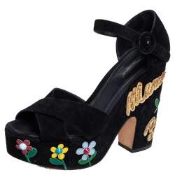 Pre Owned Dolce & Gabbana Black Suede Embellished Block Heel Platform Sandals Size 39