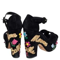 Pre Owned صندل دولتشي أند غابانا نعل سميك كعب عريض مزخرف سويدي أسود مقاس 39