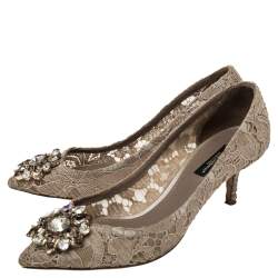 Pre Owned Dolce & Gabbana Beige Lace Bellucci Crystal Embellished Pumps Size 37