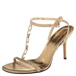 Pre Owned Dolce & Gabbana Gold Braided Leather Embellished T-Strap Sandals Size 38.5