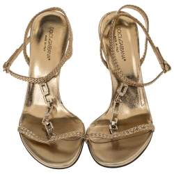 Pre Owned Dolce & Gabbana Gold Braided Leather Embellished T-Strap Sandals Size 38.5
